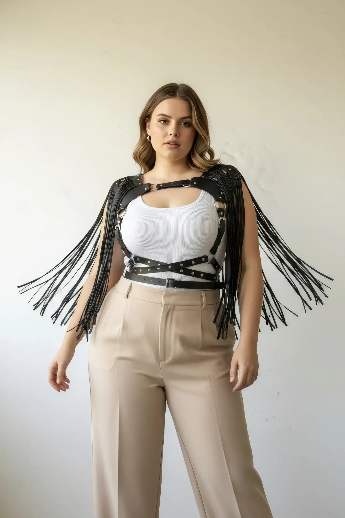 Plus Size Black Tassel-Detail Leather Body Accessory by HarnessClub, leather harness with long fringe tassels