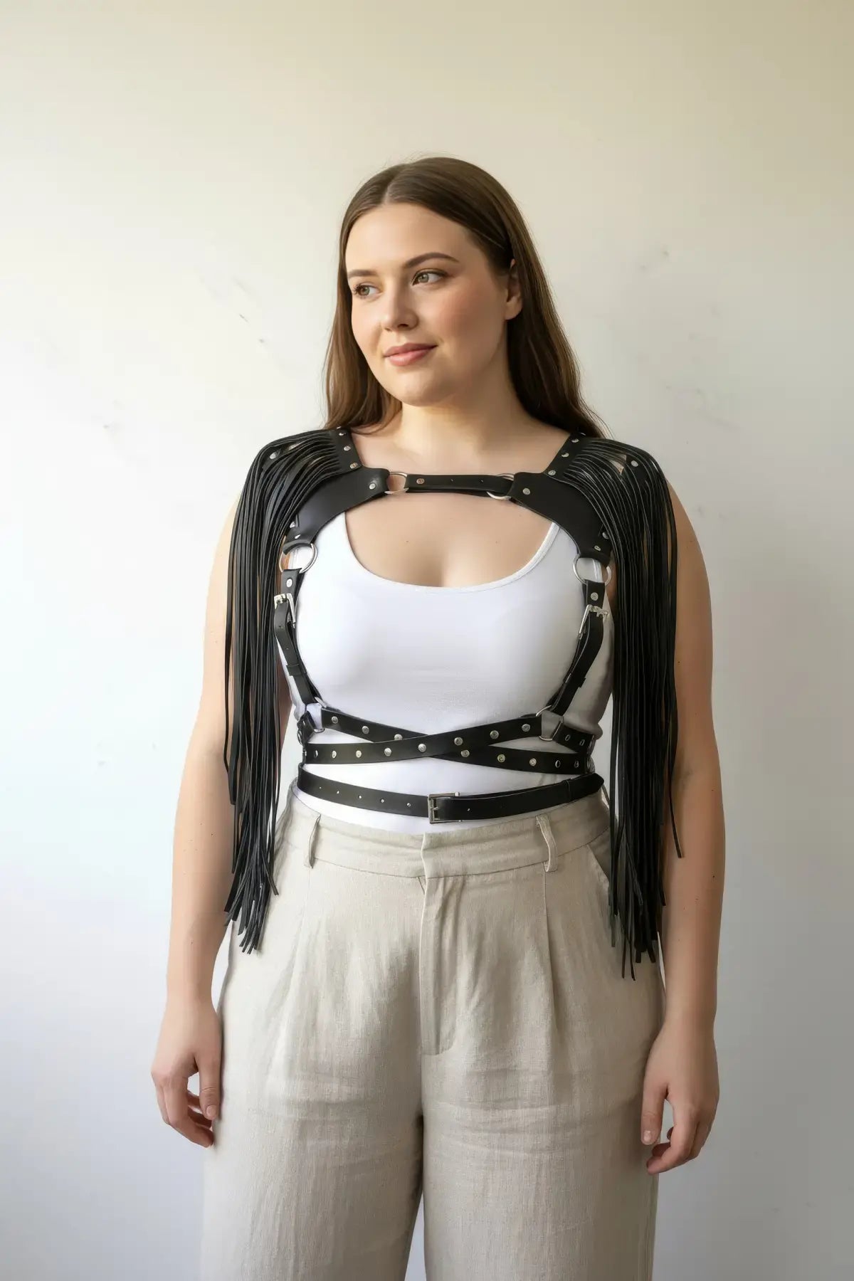 HarnessClub plus-size black tassel-detail leather body harness with fringe shoulder panels
