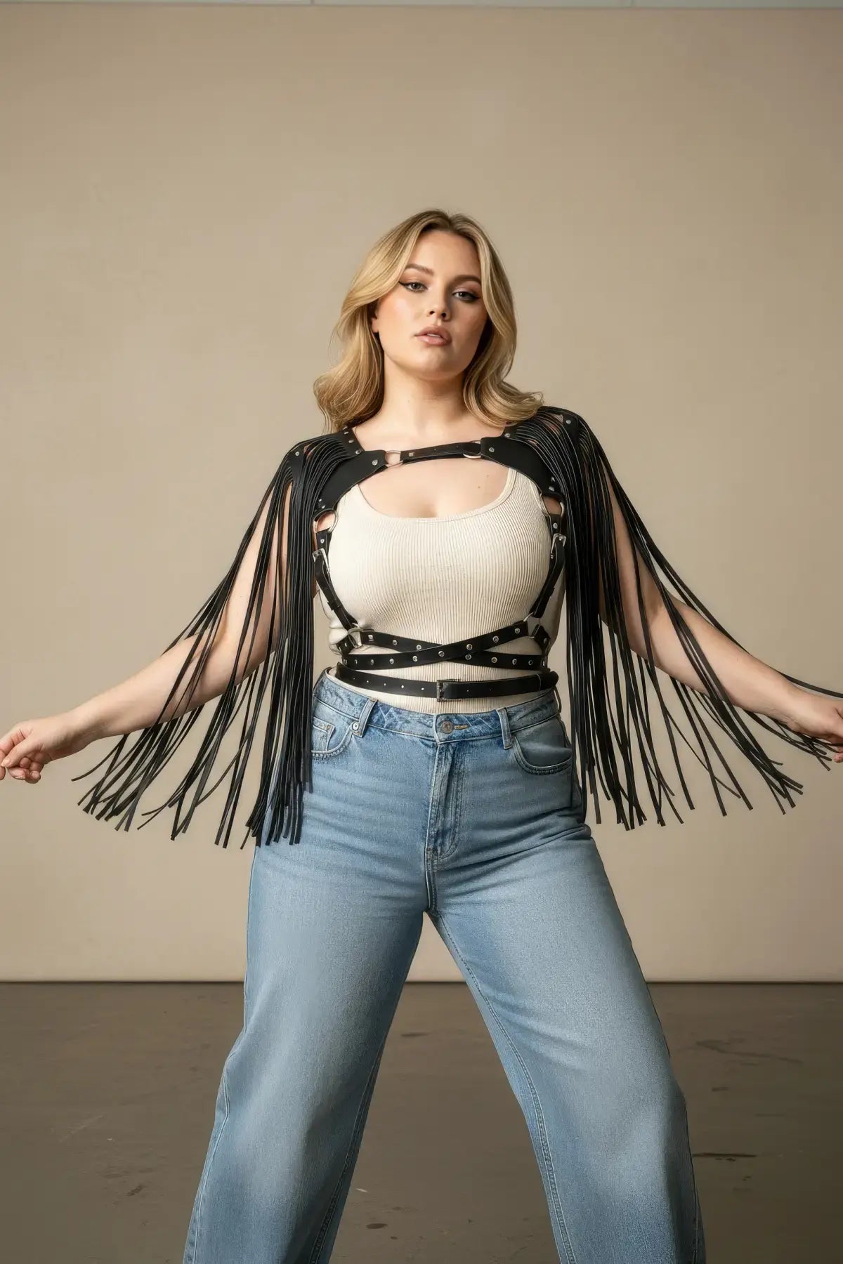 Plus Size Black Tassel-Detail Leather Body Accessory harness with fringe straps