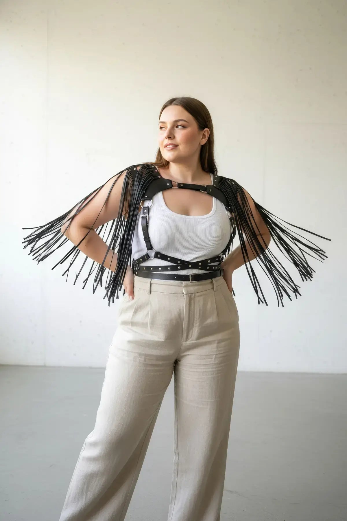 Plus-size black tassel-detail leather body harness by HarnessClub