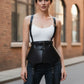 Plus-size black vegan leather tassel suspender corset belt harness worn by model