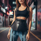 Plus-size black tassel suspender corset belt by HarnessClub with vegan leather harness