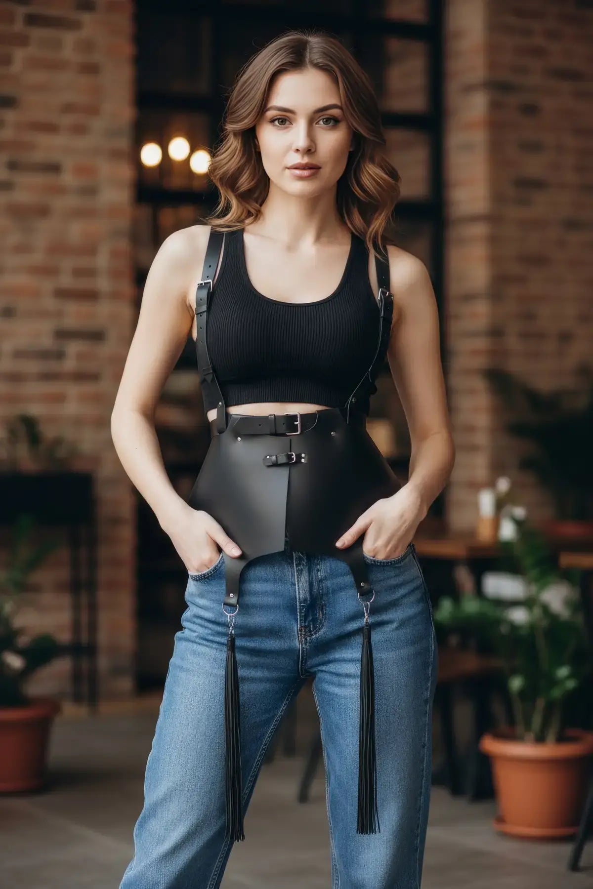 Plus size black tassel suspender corset belt by HarnessClub, vegan leather harness worn over a black ribbed crop top