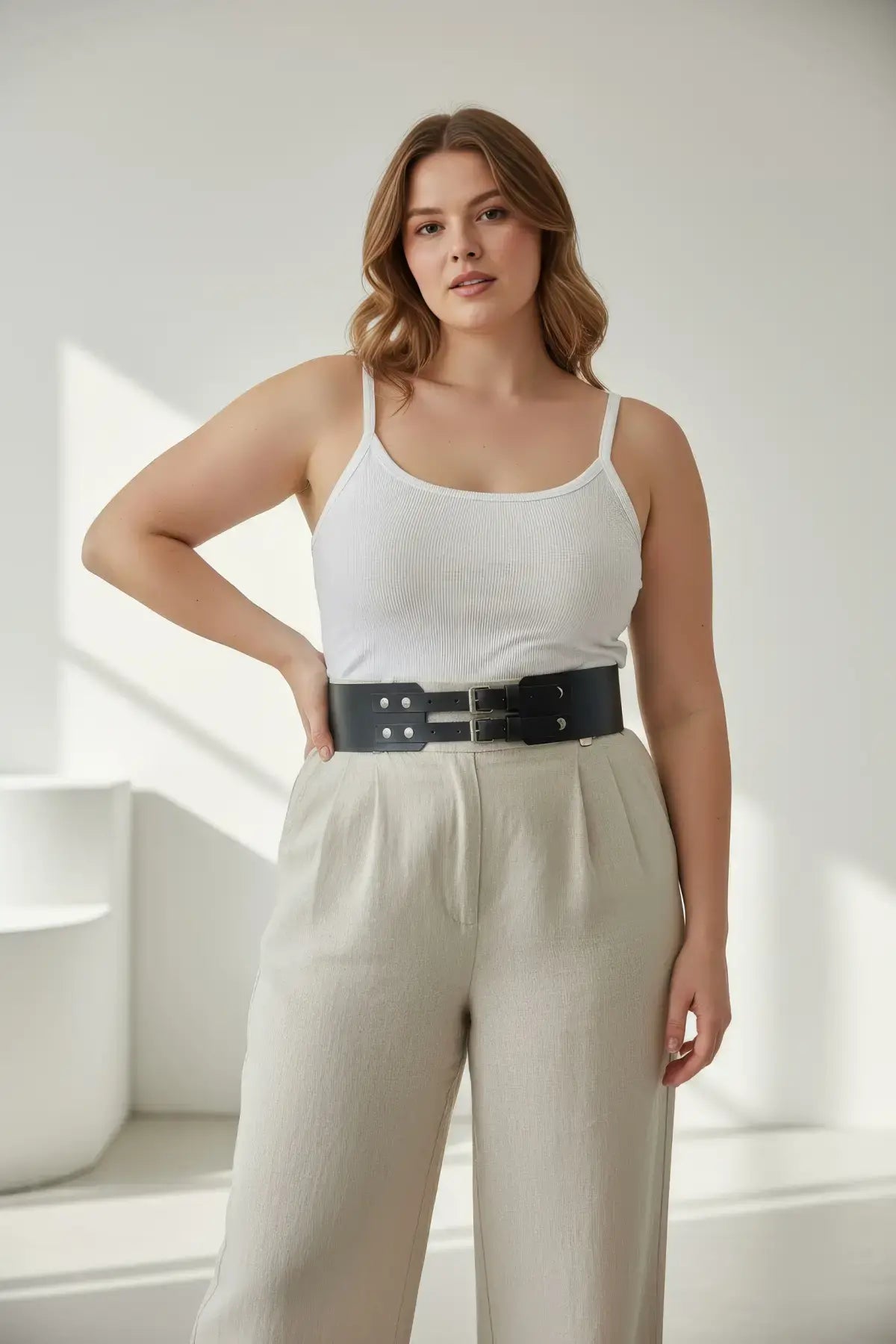 Plus-size black thick double-buckle studded belt worn at waist over white tank top and beige pants.