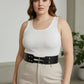Plus-size black thick double-buckle studded belt by HarnessClub worn at waist