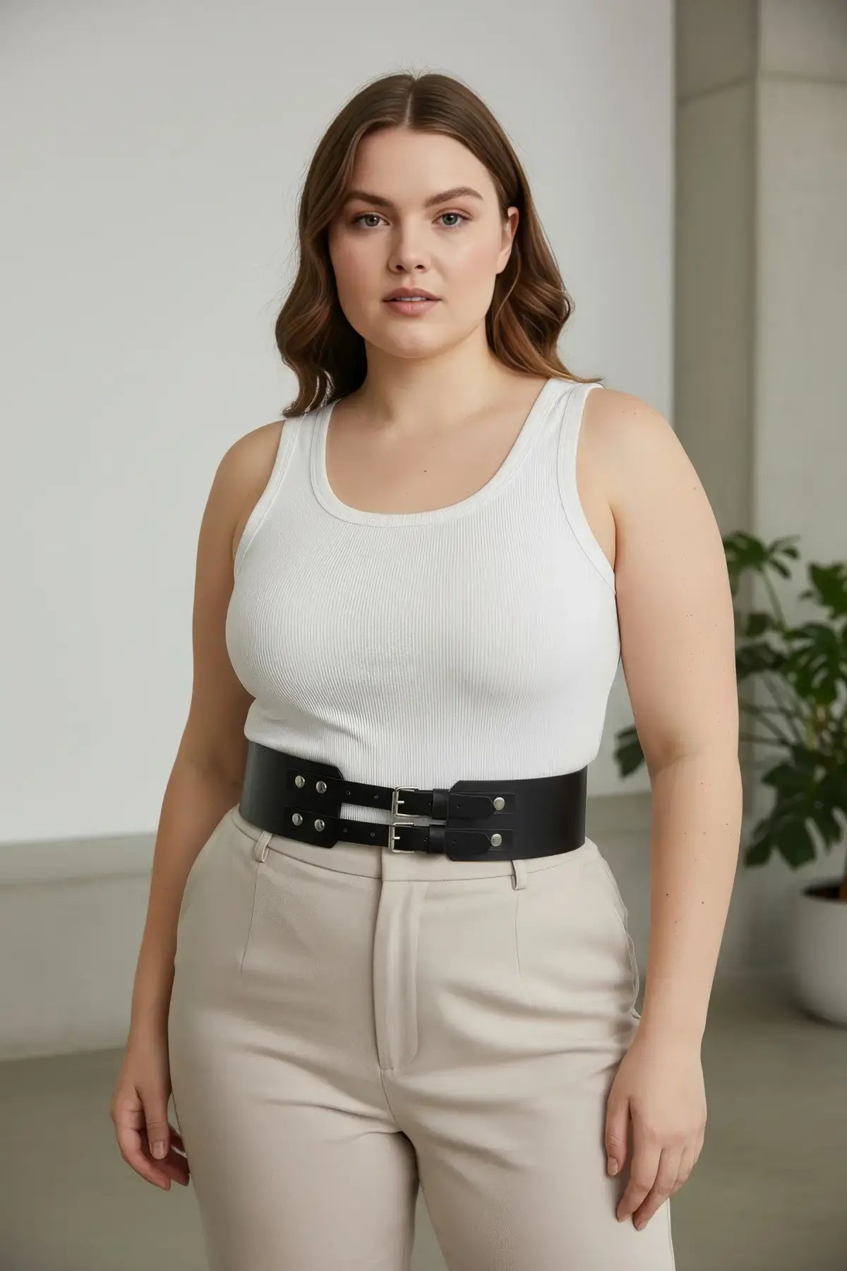 Plus-size black thick double-buckle studded belt by HarnessClub worn at waist