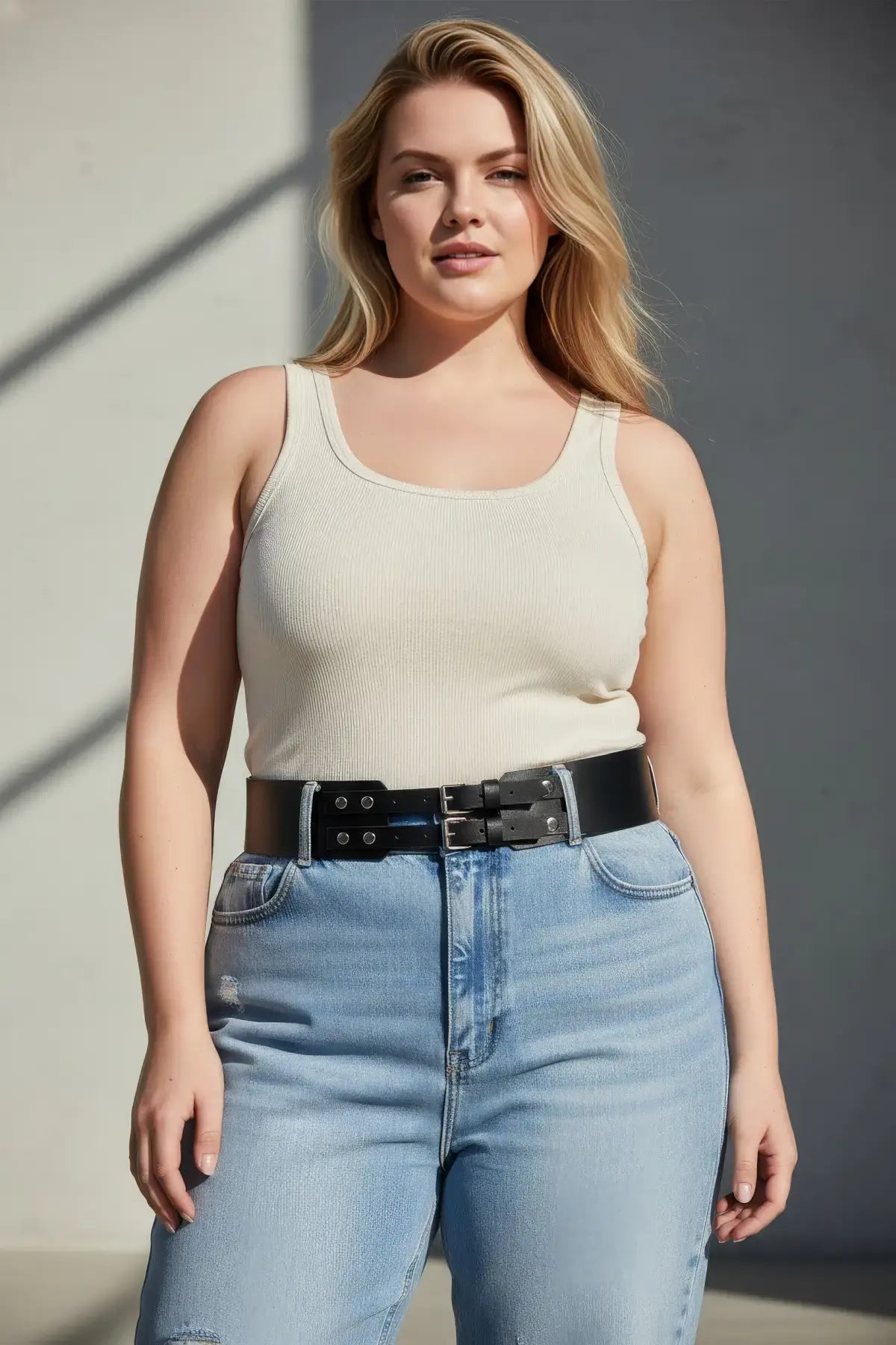 Plus size black thick double-buckle studded belt by HarnessClub worn at waist
