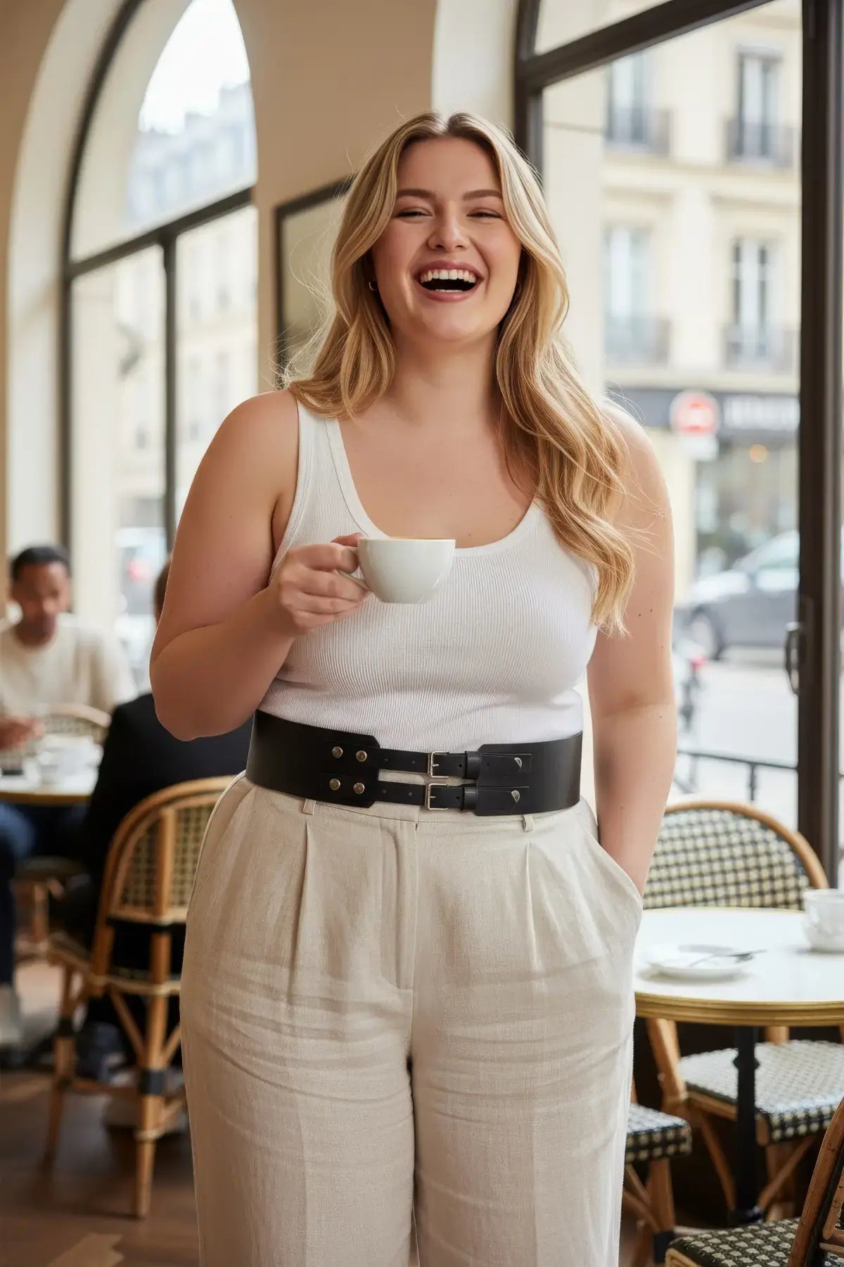 Plus Size Black Thick Double-Buckle Studded Belt by HarnessClub worn at the waist.