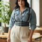 Plus Size Black Three-Band Corset Harness, vegan leather body accessory worn over a denim shirt.