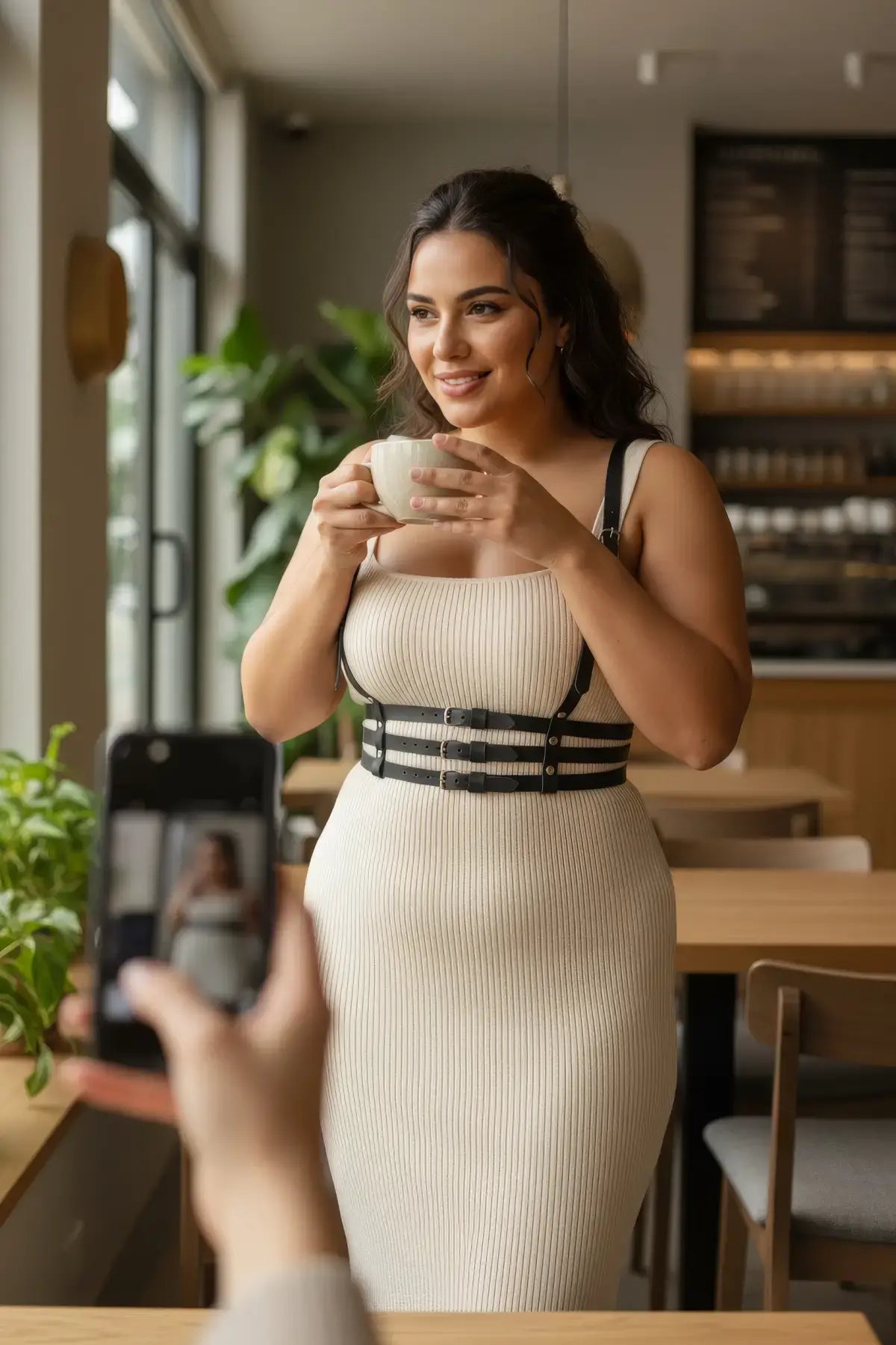 Plus-Size black vegan leather three-band corset harness by HarnessClub worn over a beige ribbed dress