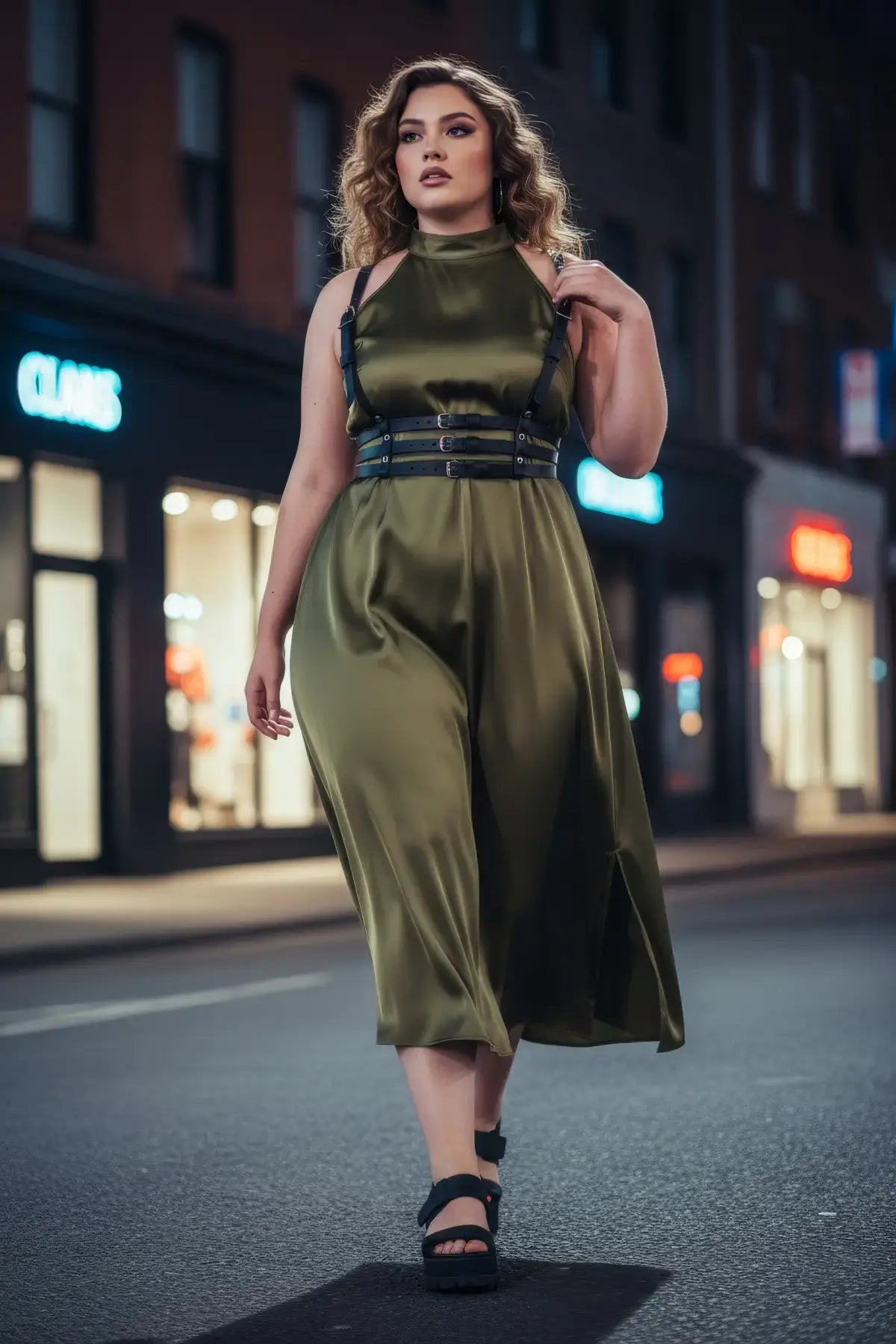Plus-size black vegan-leather three-band corset harness worn over olive satin dress