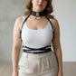 Plus size black leather three-piece harness set with choker, chest harness and waist belt by HarnessClub