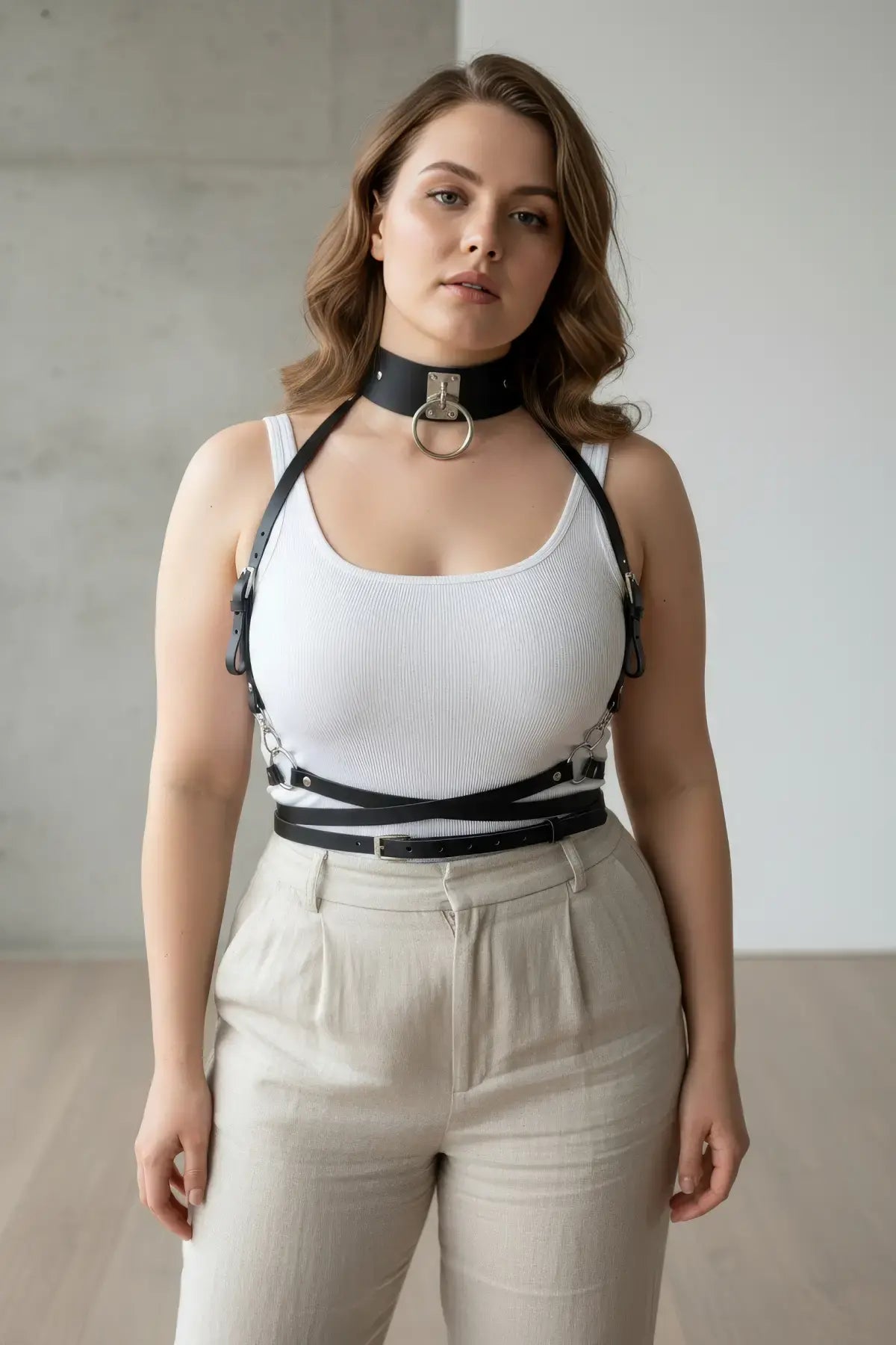 Plus size black leather three-piece harness set with choker, chest harness and waist belt by HarnessClub