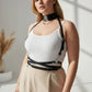 Plus-size black leather three-piece harness set with choker, chest harness and waist belt.