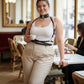 Plus-size black leather three-piece harness set with choker, chest harness and waist belt