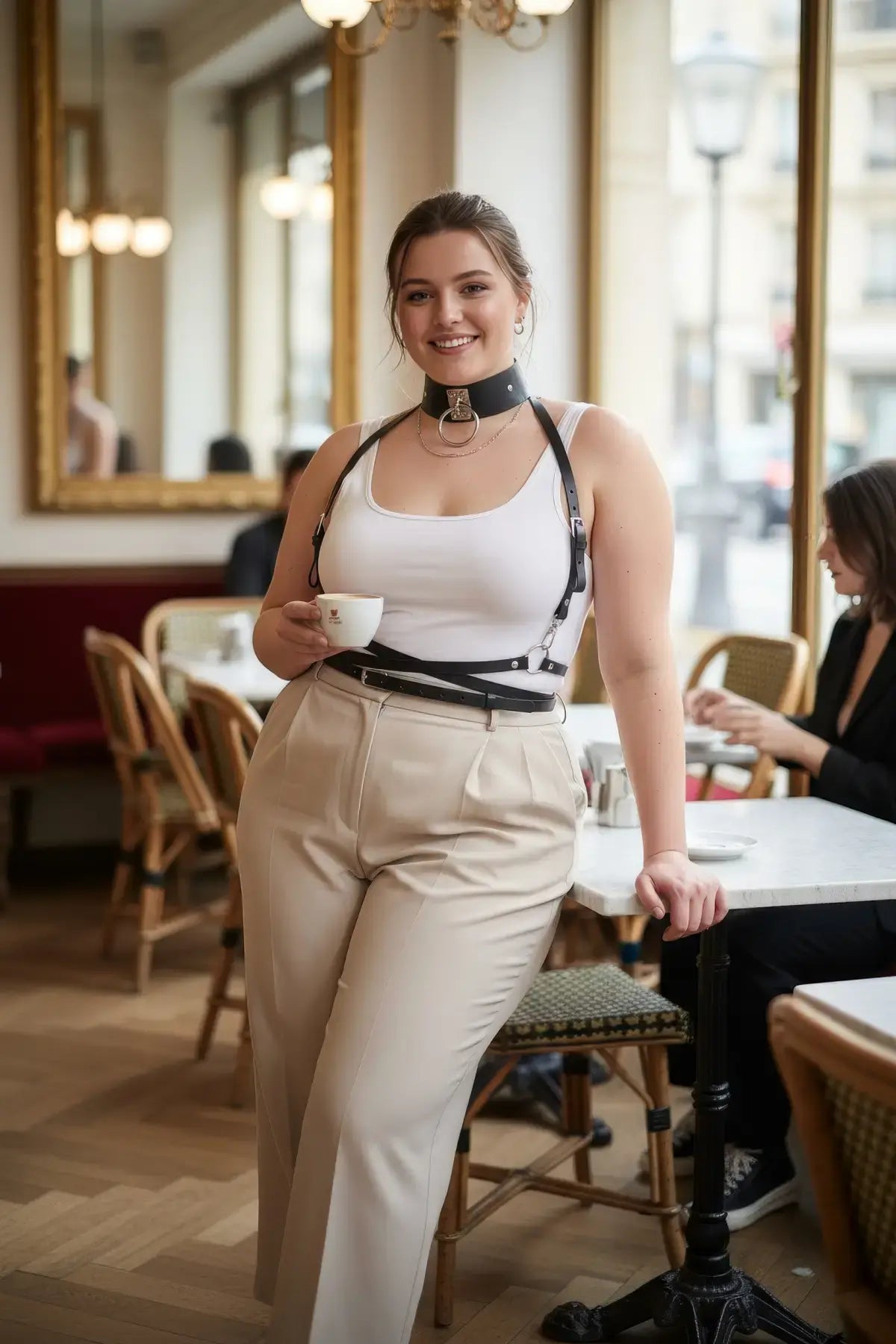 Plus-size black leather three-piece harness set with choker, chest harness and waist belt