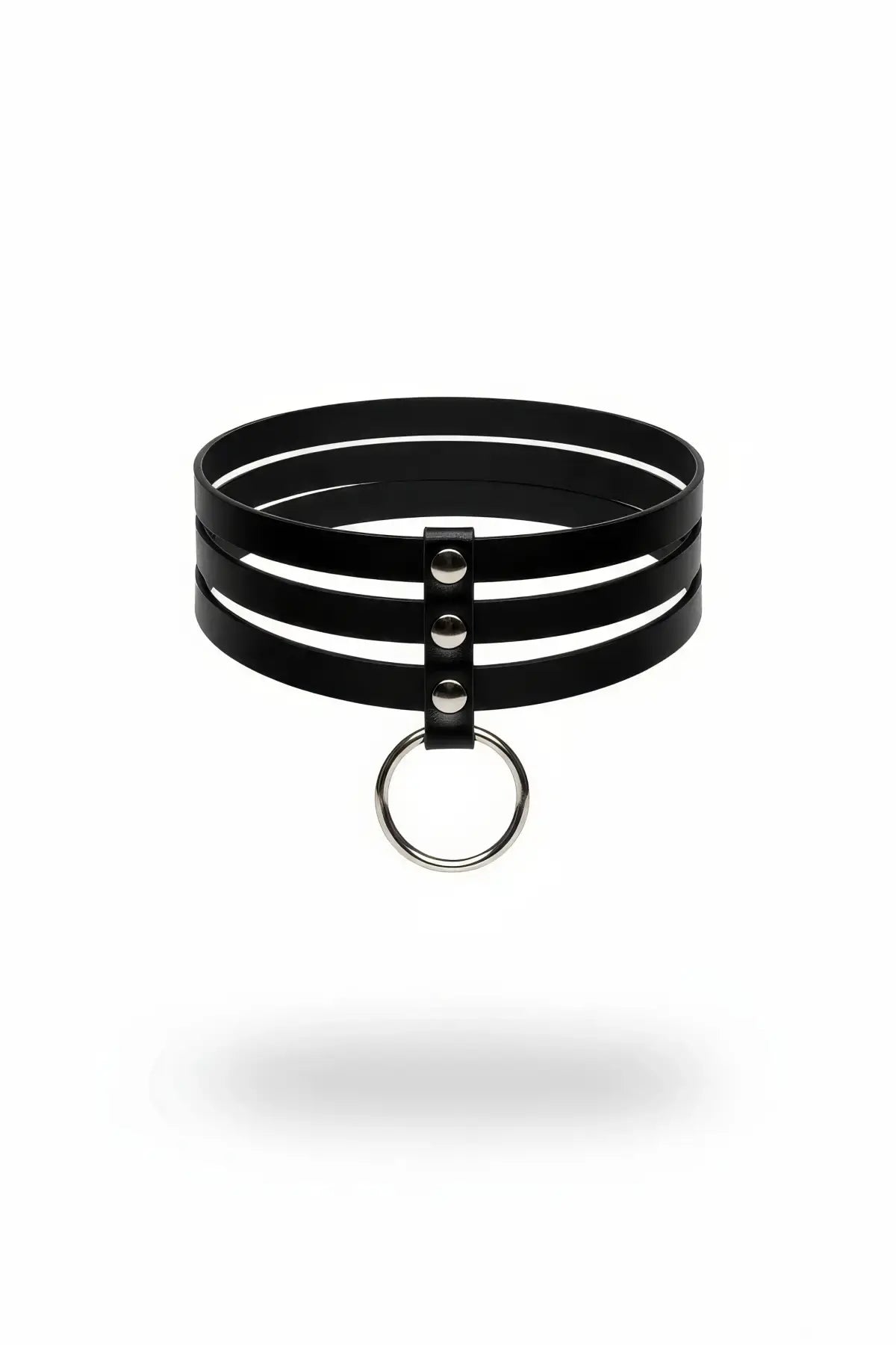 Plus-size black vegan leather triple-band choker with center O-ring drop