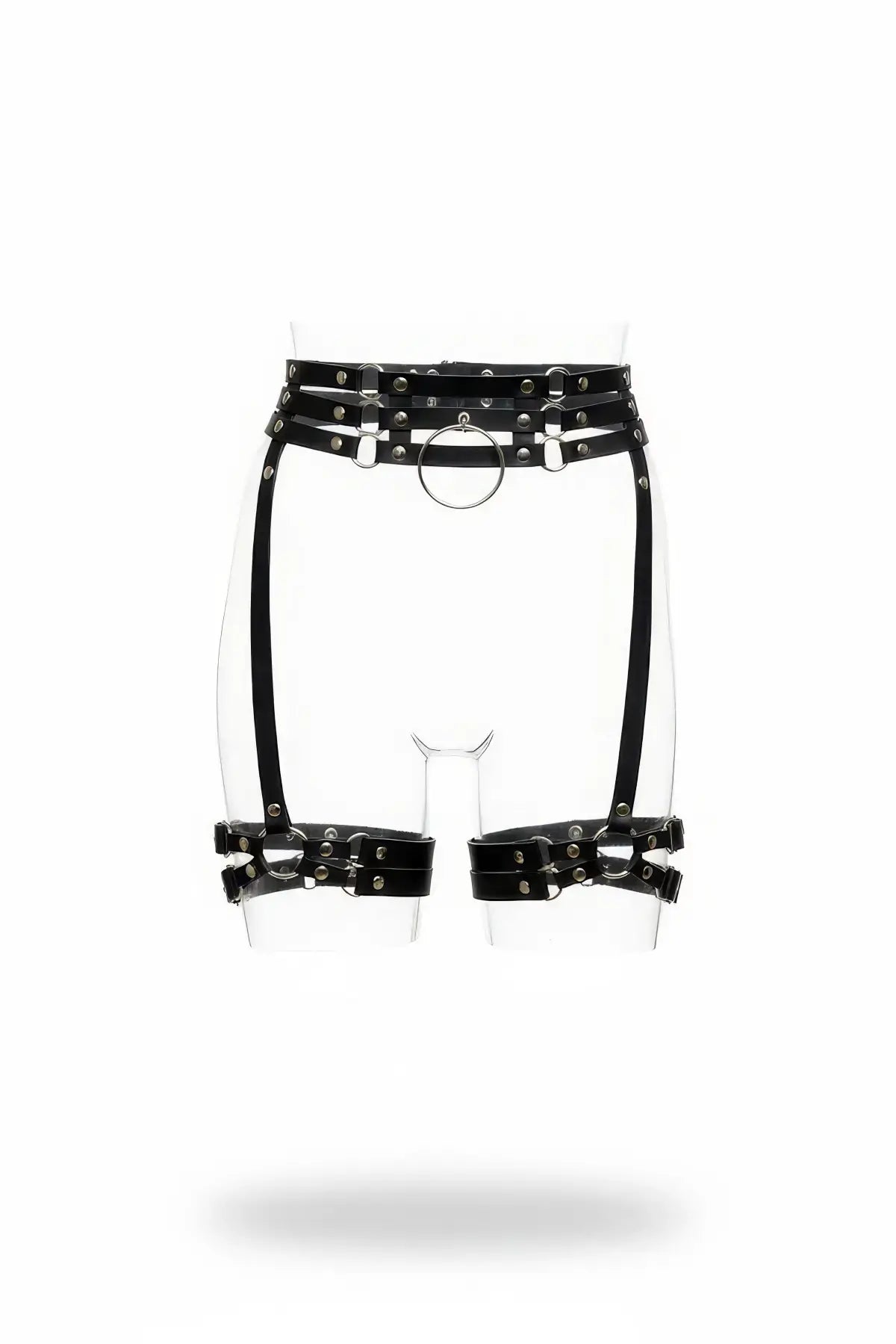 Plus-size black vegan leather triple-band waist-and-thigh suspender garter harness by HarnessClub with metal rings.