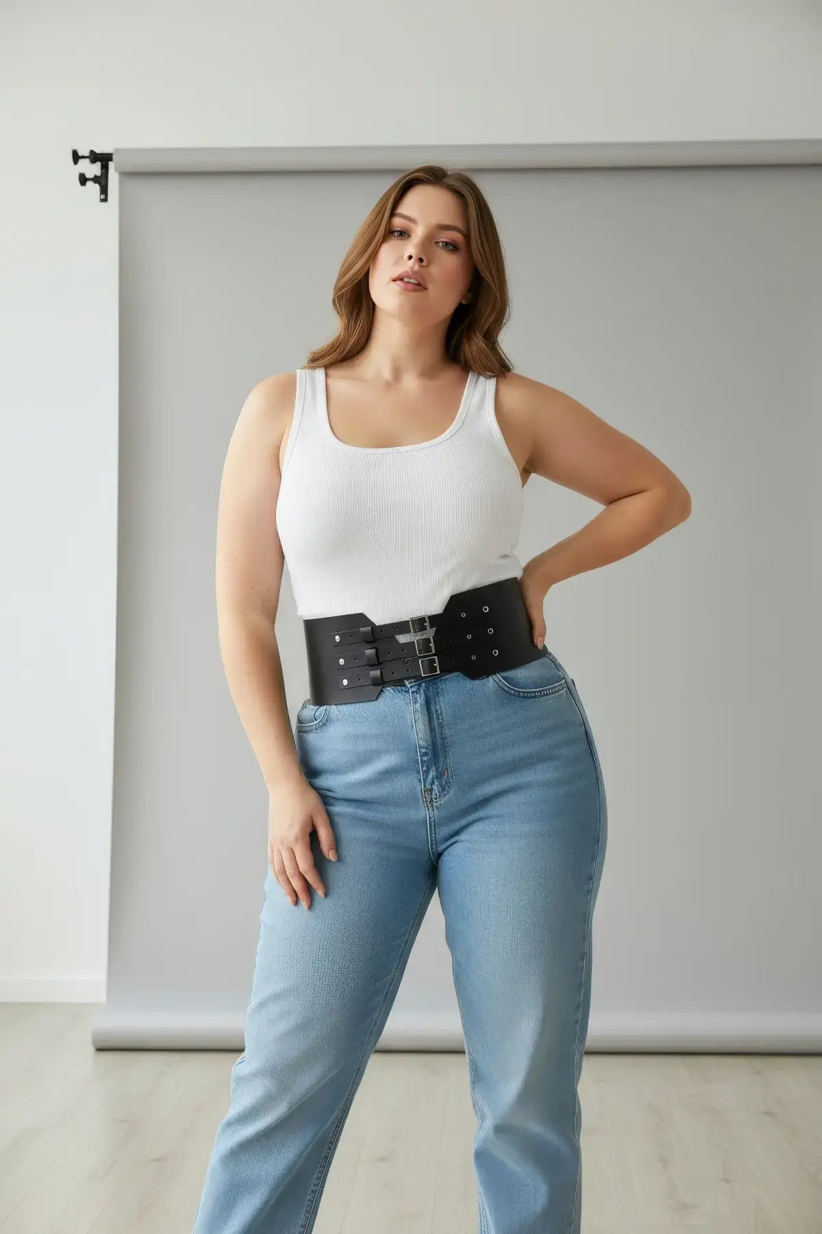 Plus Size Black Triple Buckle Corset Belt; vegan leather wide waist cincher