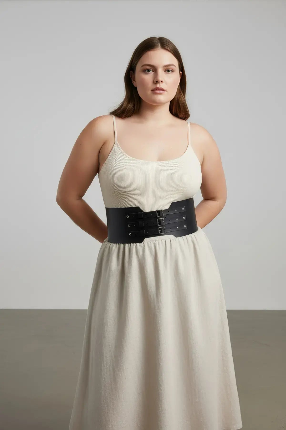 HarnessClub plus-size black triple-buckle corset belt, vegan leather wide waist cincher