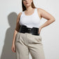 Plus Size Black Triple Buckle Corset Belt in vegan leather worn at the waist