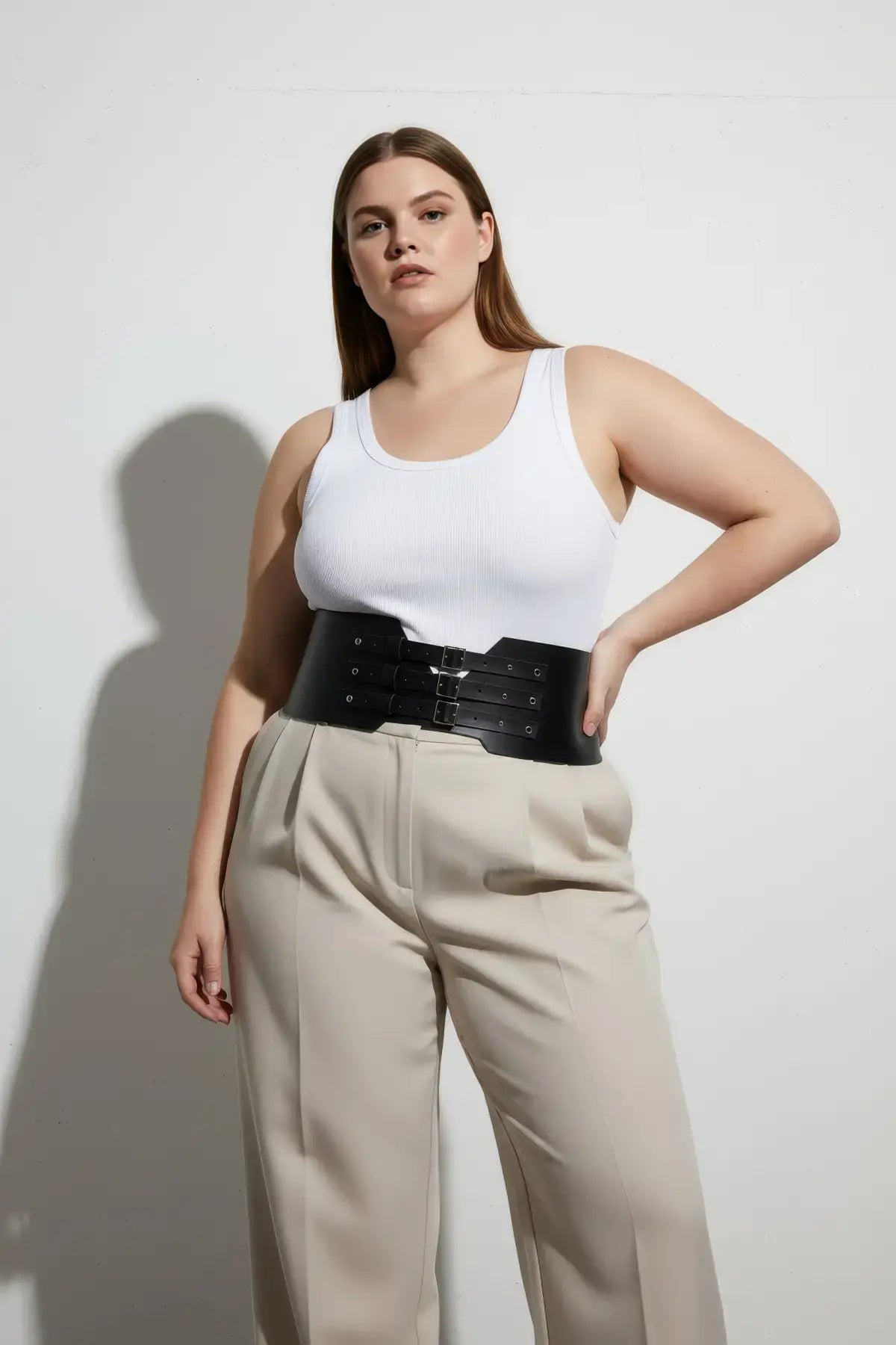 Plus Size Black Triple Buckle Corset Belt in vegan leather worn at the waist