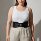 Plus-size black triple-buckle corset belt in vegan leather waist cincher.