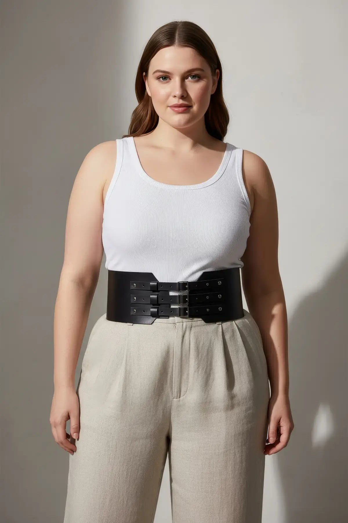 Plus-size black triple-buckle corset belt in vegan leather waist cincher.