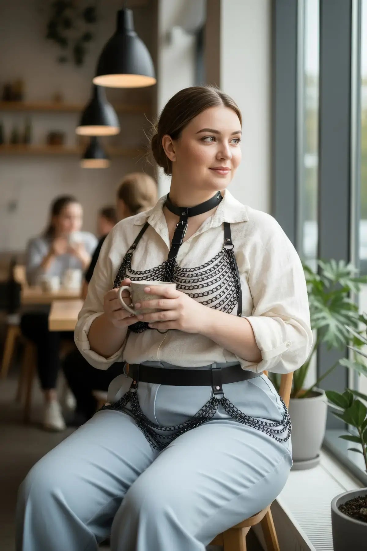 Plus Size Black Two-Zone Chain Bib Harness by HarnessClub, vegan leather with choker neck strap and shoulder straps