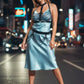 Plus Size Black Two-Zone Chain Bib Harness in vegan leather over blue satin dress