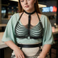 Plus-size black vegan leather two-zone chain bib harness with choker collar and shoulder straps