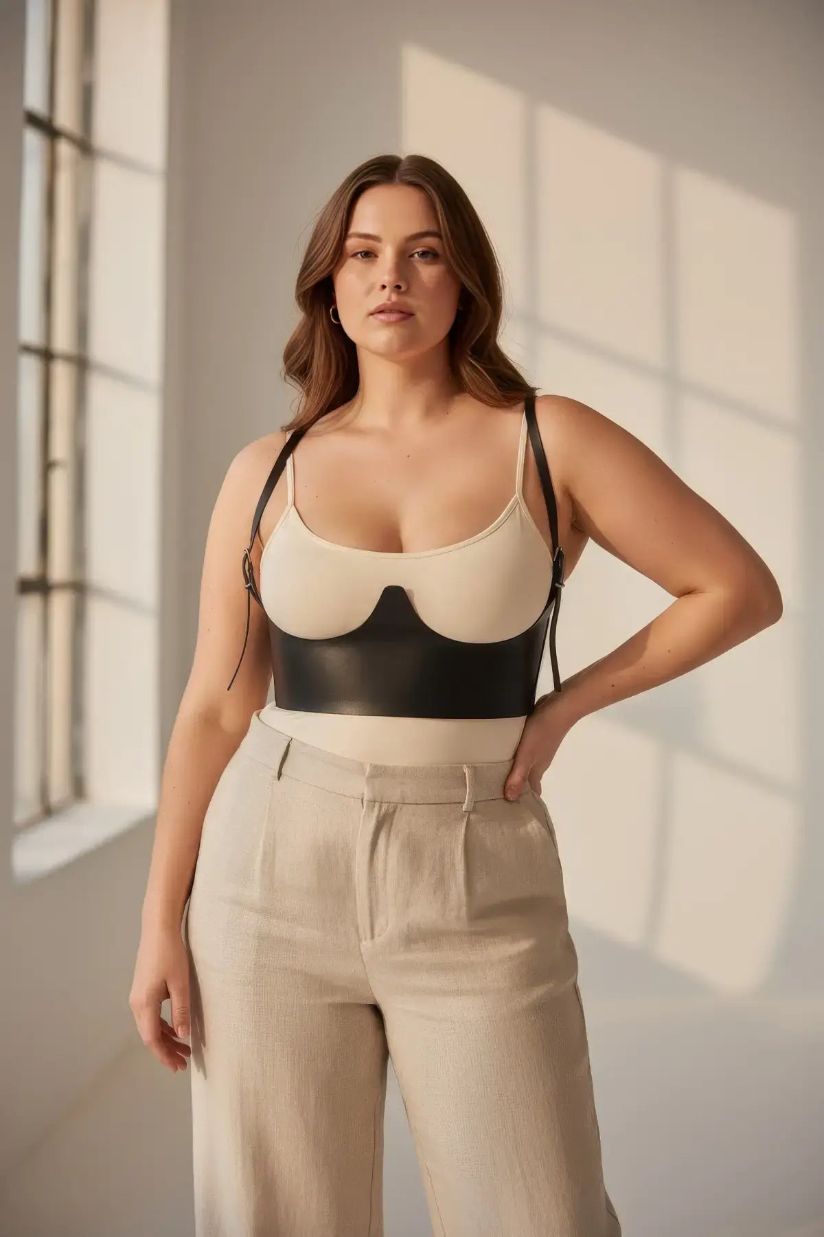 Plus-size black underbust corset with vegan leather waist panel and adjustable shoulder straps