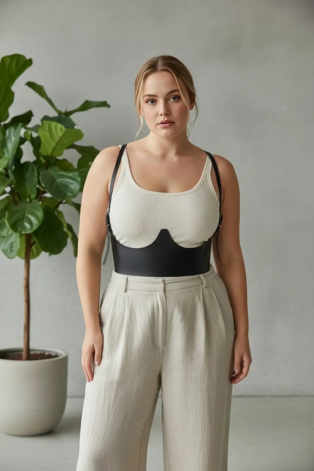 Plus size black vegan leather underbust corset with shoulder straps worn over a beige ribbed tank top