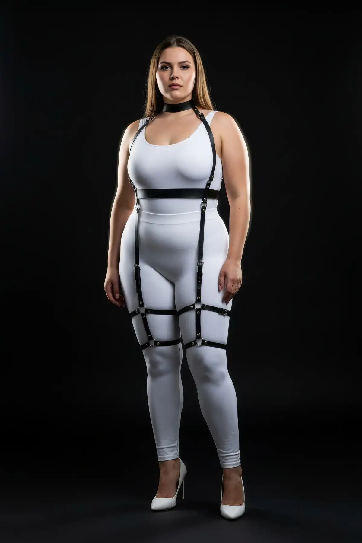 Plus-size black vegan leather underbust harness with thigh garters by HarnessClub, shown on a model in a white bodysuit.
