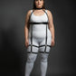 Plus size black vegan leather underbust harness with thigh garters, collar-to-thigh set.