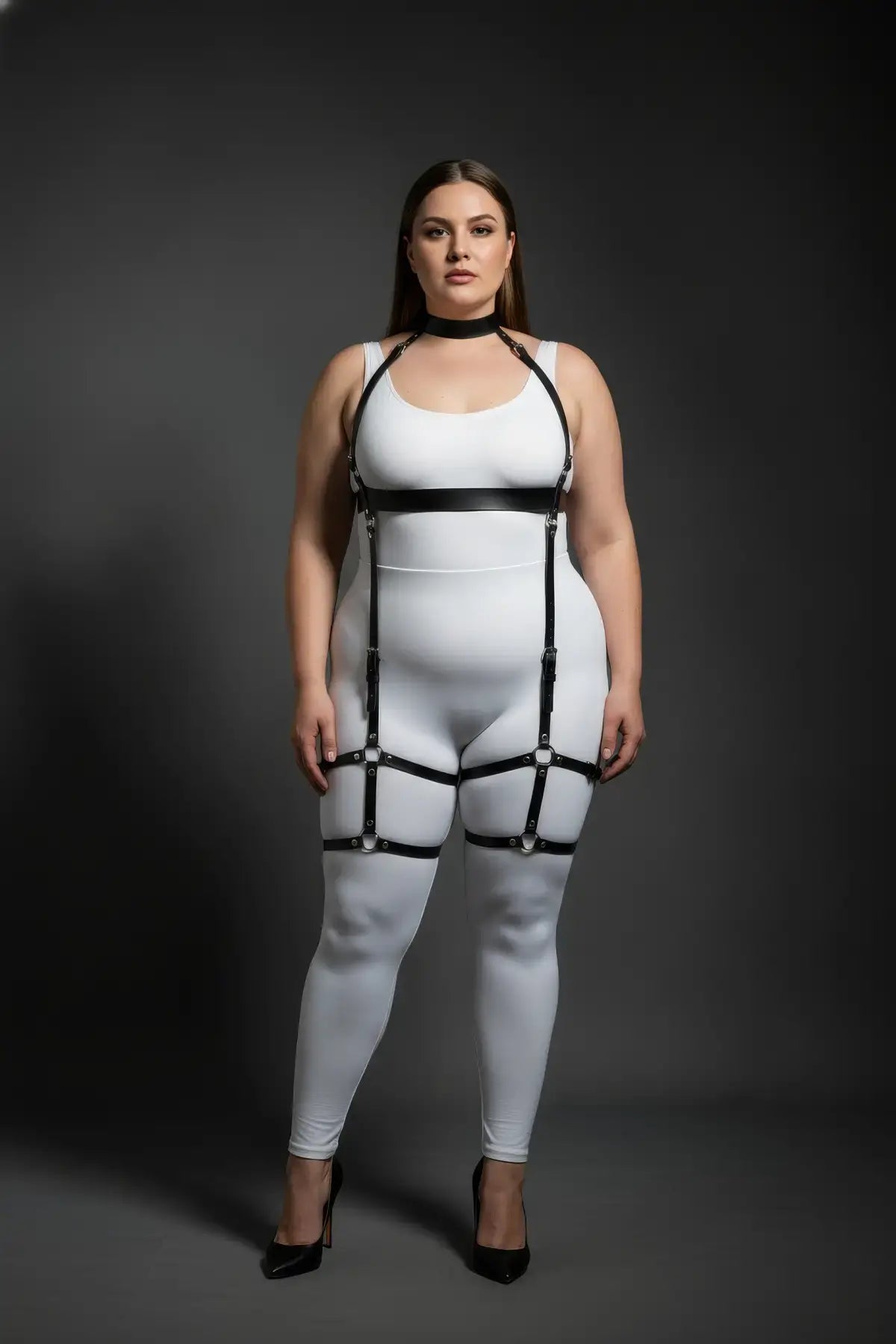 Plus size black vegan leather underbust harness with thigh garters, collar-to-thigh set.