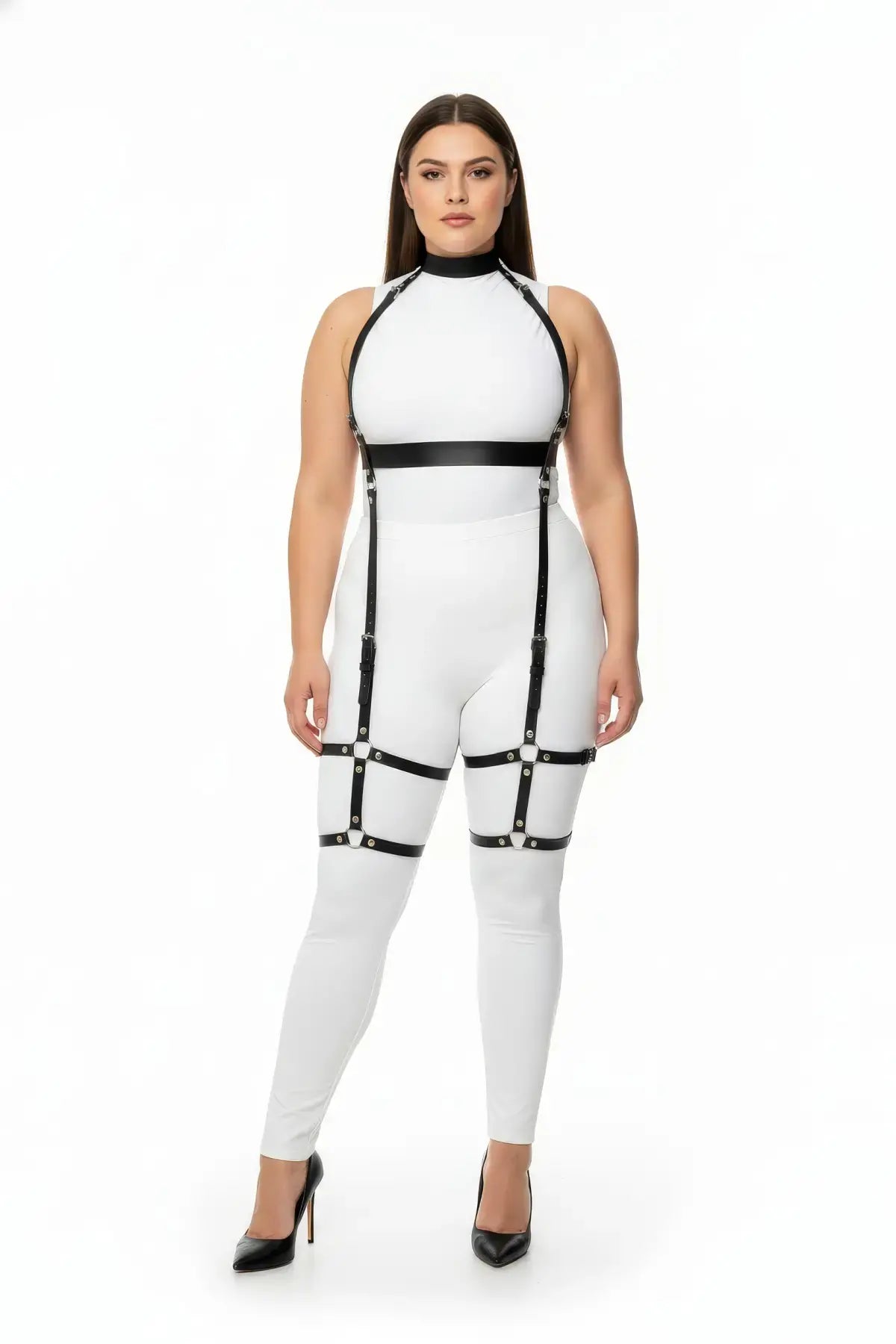 Plus-size black vegan leather underbust harness with thigh garters by HarnessClub.