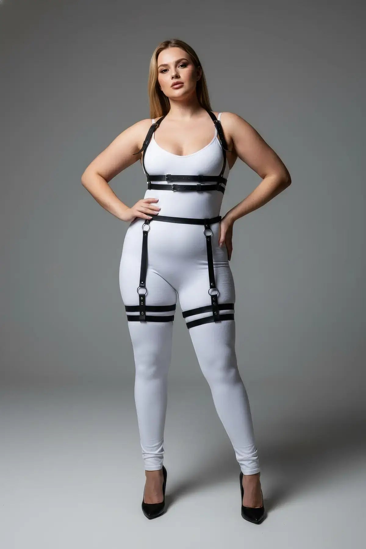 Plus-size black faux-leather garter harness set for full upper and lower body by HarnessClub