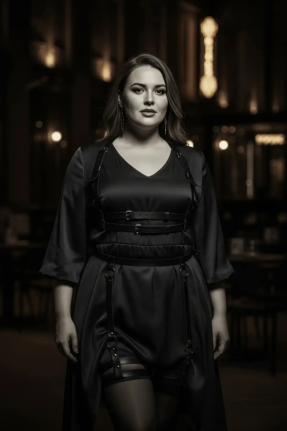 Plus-size black faux-leather garter harness set with upper and lower body pieces by HarnessClub