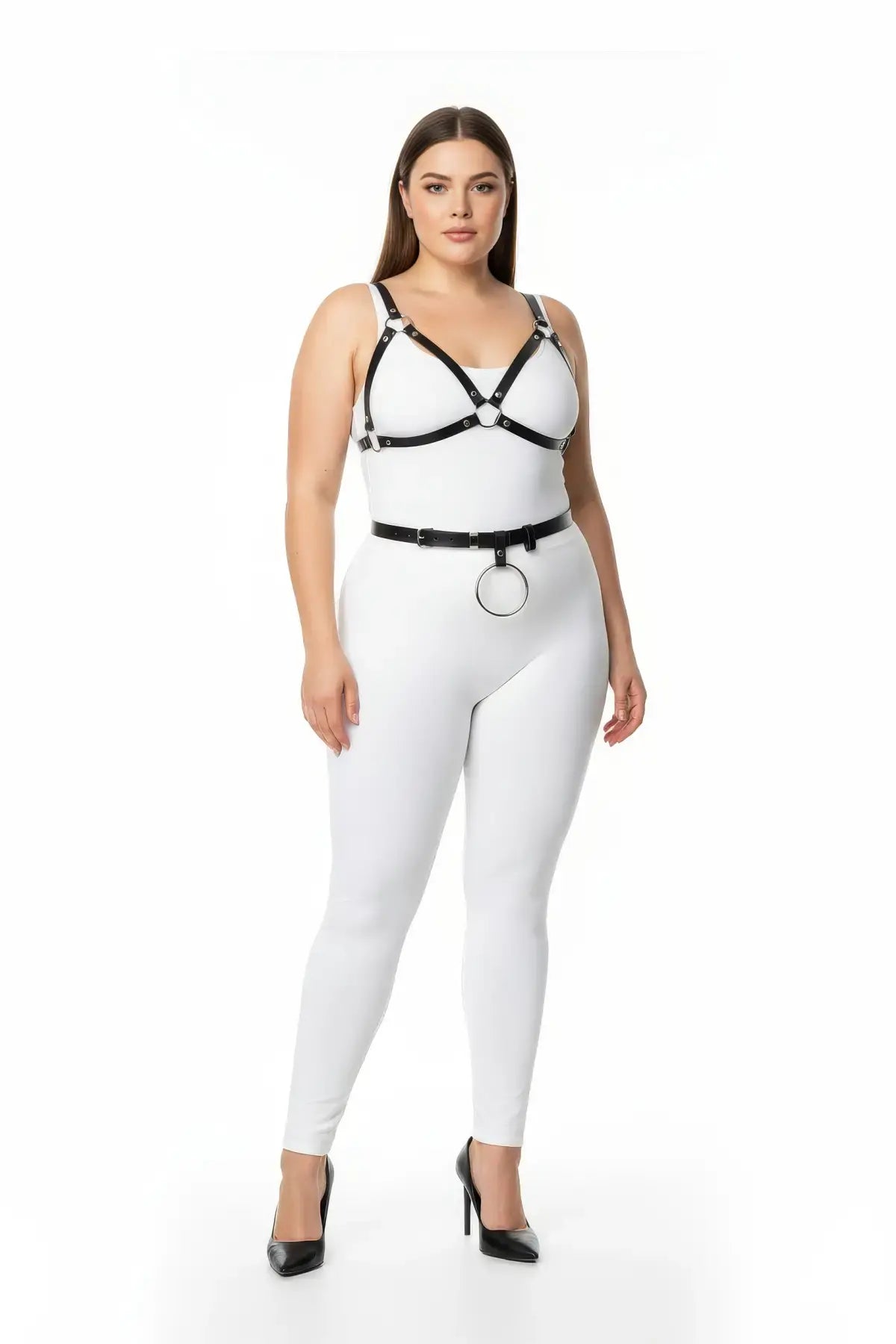 V-bralette and O-ring waist belt harness set, plus-size, black vegan leather by HarnessClub (2-piece)