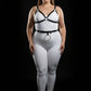 Plus-size black vegan-leather V-bralette and O-ring waist belt harness set by HarnessClub, two-piece.