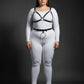Plus-size black vegan leather v-bralette and o-ring waist belt harness two-piece set