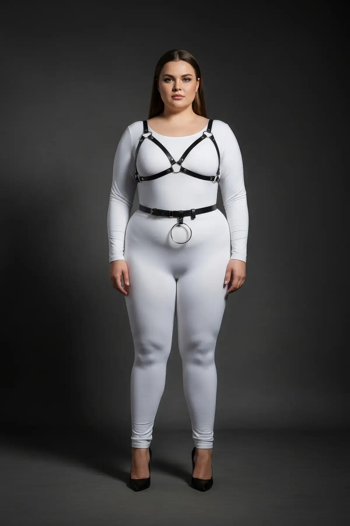 Plus-size black vegan leather v-bralette and o-ring waist belt harness two-piece set