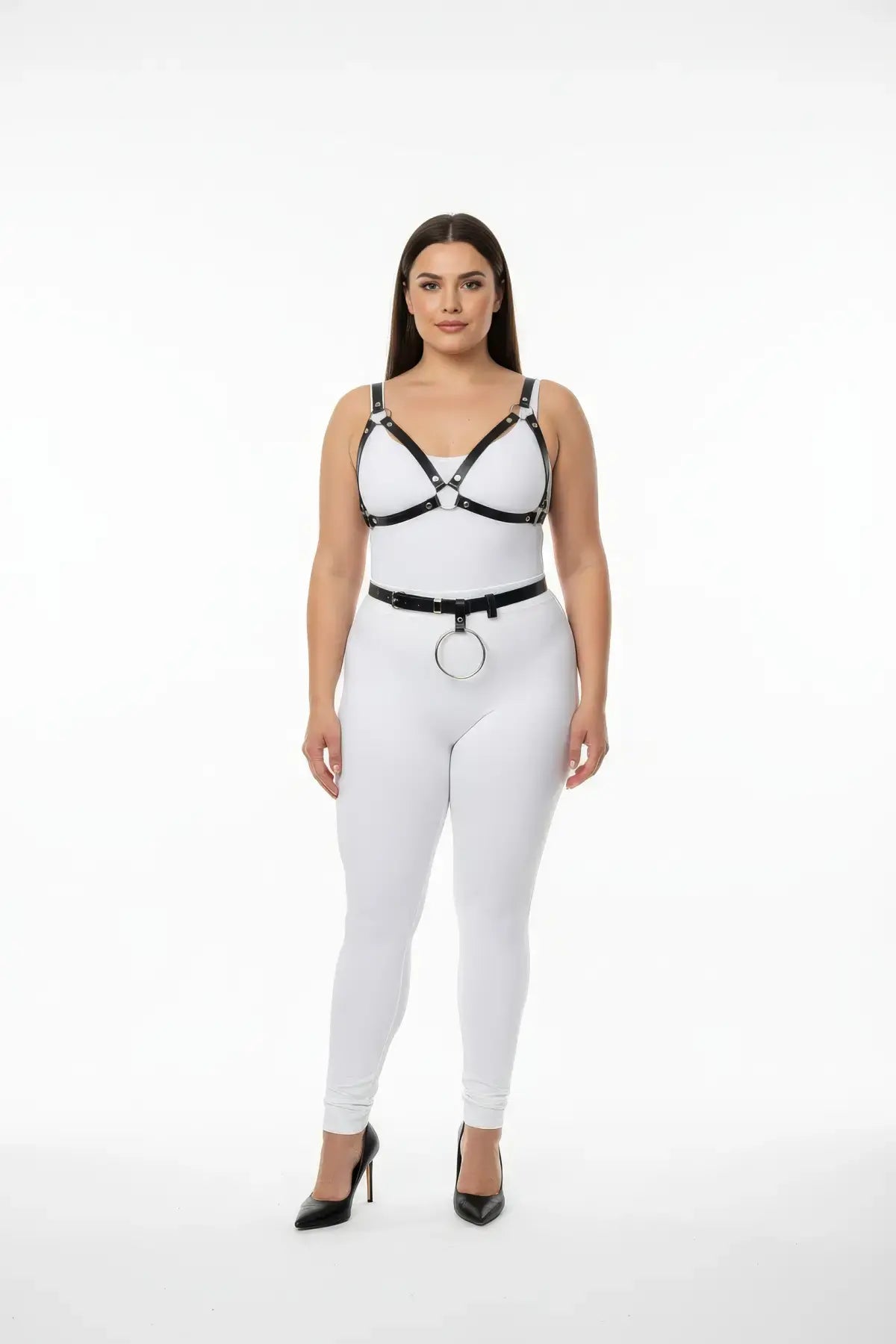 Plus Size Black V-Bralette & O-Ring Waist Belt Harness Set by HarnessClub, vegan leather two-piece