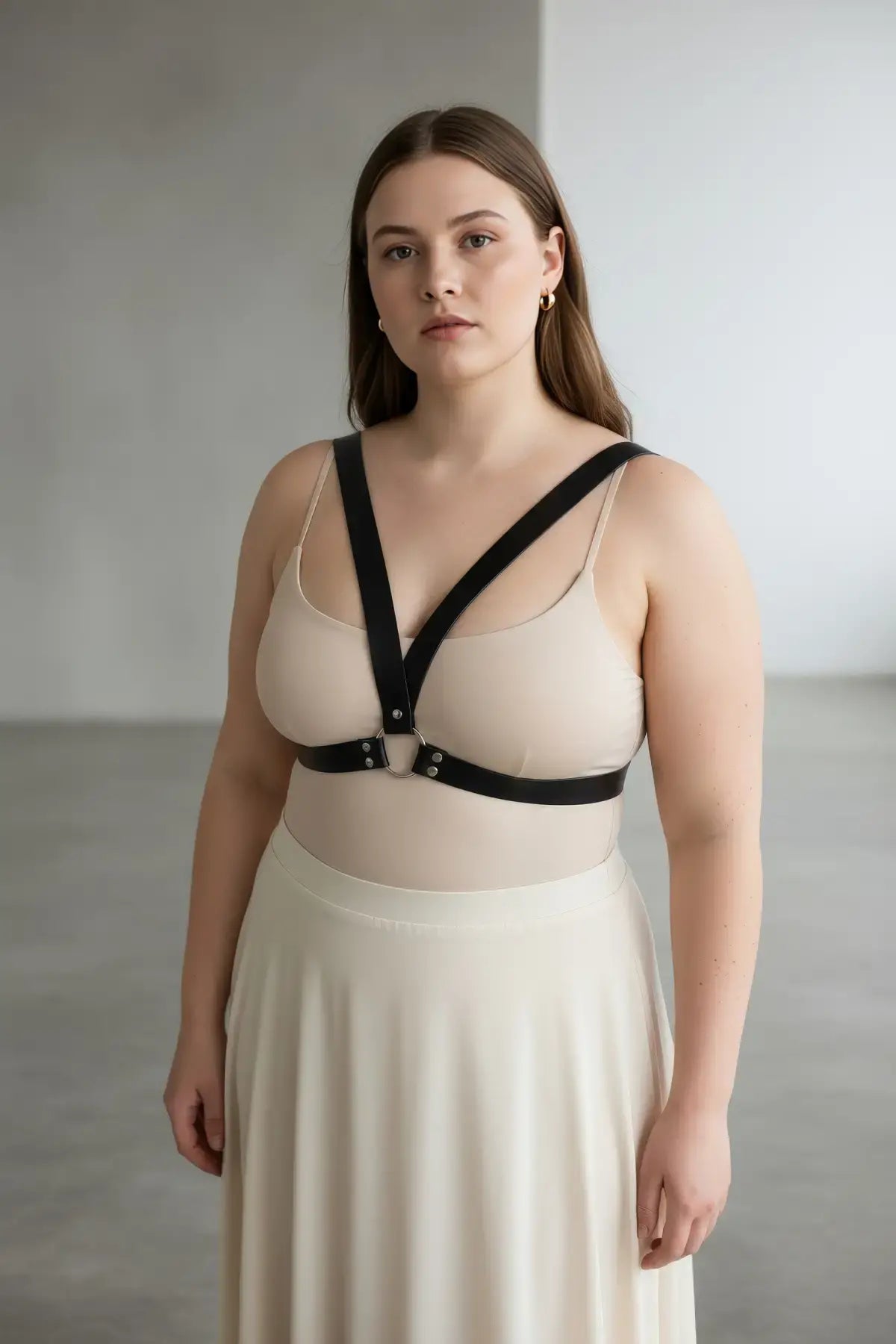 Plus-size black vegan-leather V-frame chest harness with O-ring by HarnessClub