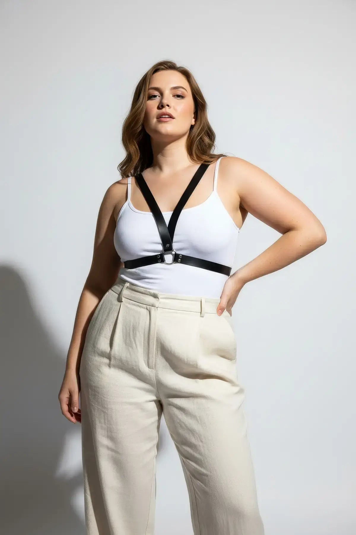 Plus-size black V-frame chest harness with O-ring in vegan leather by HarnessClub