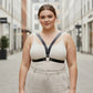 Plus-size black V-frame chest harness with O-ring, vegan leather body accessory