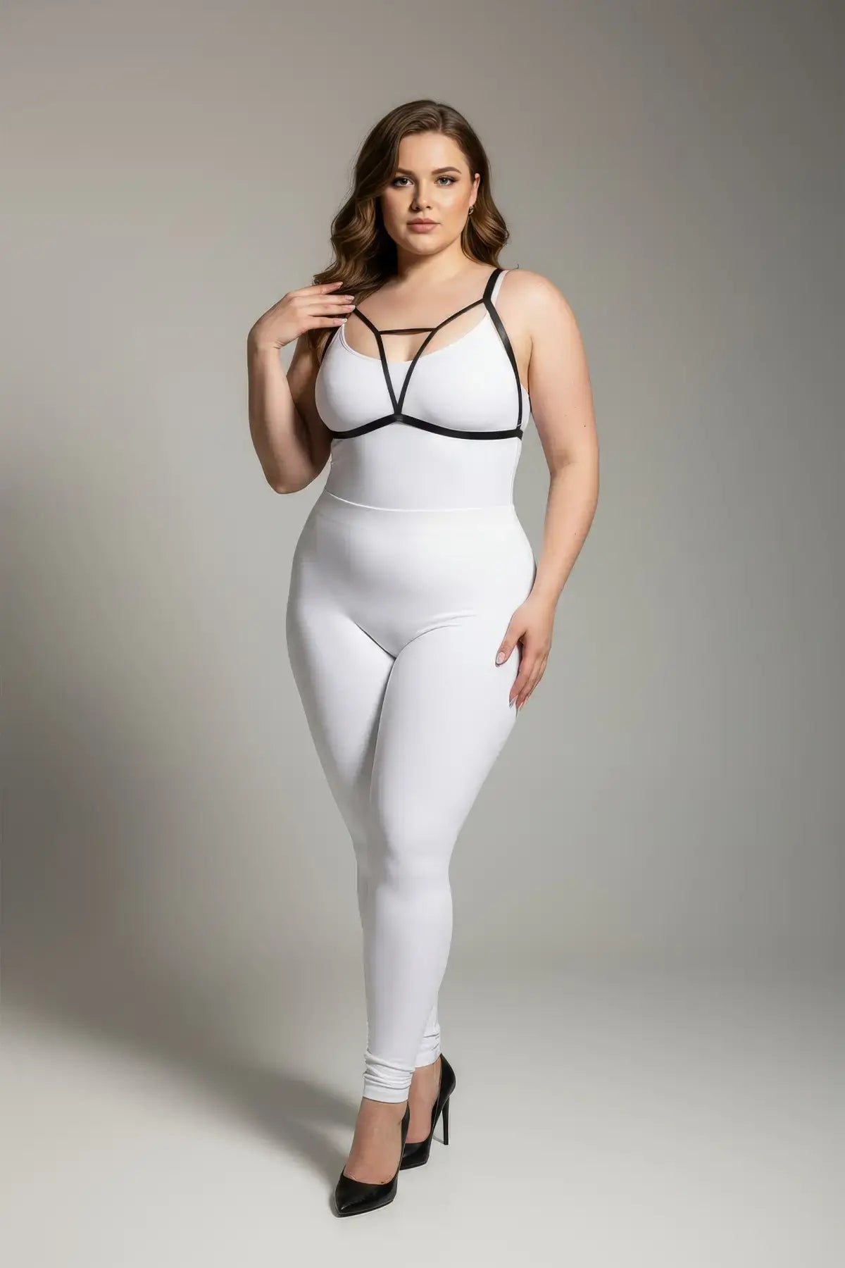 Plus-size black elastic V-strap chest harness with keyhole detail by HarnessClub