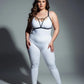HarnessClub plus-size black V-strap elastic chest harness with keyhole detail worn by model