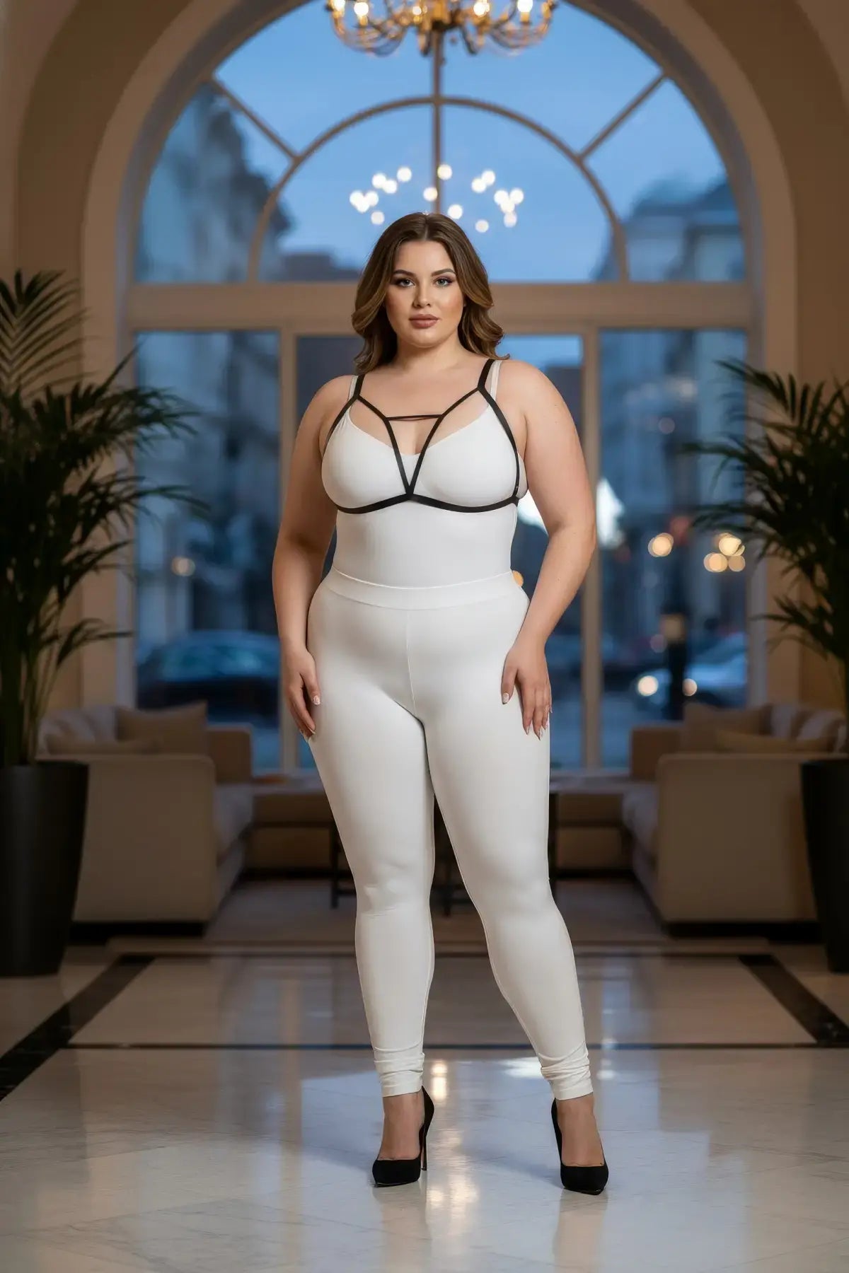 Plus-size black v-strap elastic chest harness with keyhole detail worn over a white bodysuit